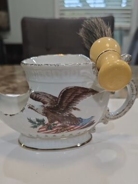 Vintage Ceramic Scuttle Shaving Mug with Eagle Motif in White and Gold